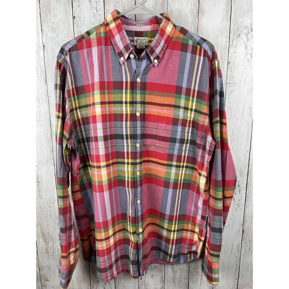 J Crew Button Up Shirt Mens Large Slim Fit Green Blue Red Plaid Adult Casual L